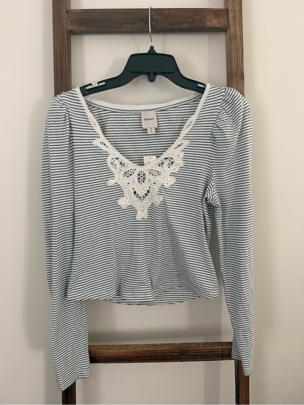 Maeve White Lace V-Detail Blue & White Striped Long Sleeve Top
